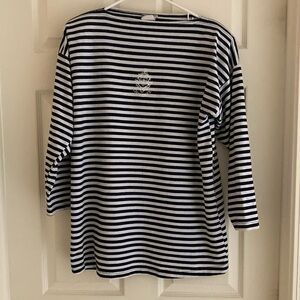 Vintage Cherokee Women's Maternity Navy/White Striped T-Shirt Medium